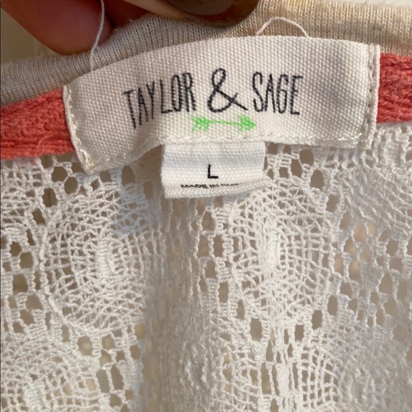 Taylor & Sage Tan Asymmetrical Blouse with Cream Lace - Picture 3 of 3